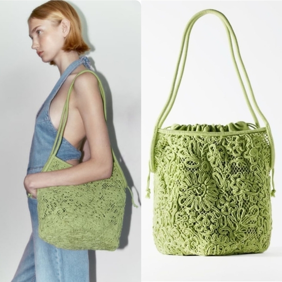 Zara Handbags - NWT Zara Green Cotton Crochet Buckle Style Bag